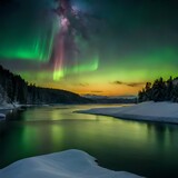 Fototapeta Tęcza - aurora over the lake