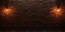 Old Red Brick Wall Texture With Retro Filament Light Bulb. Rustic Grunge Interior. Vintage Urban Ambiance
