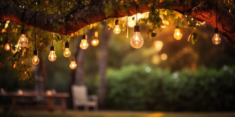 Wall Mural - Decorative outdoor string lights hanging on tree