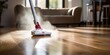 Floor cleaning with mob with cleanser foam and vacuum cleaner at home.