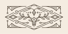 Art Deco Sacred Deer Line Design. Vintage Drawing Of Geometric Deer Head Wall Art Design With Detailed Ornament Vector Mystical Illustration. 