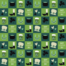 Seamless Pattern With St Patrick Elements On Green Background. Modern Cute Background. Vector Illustration