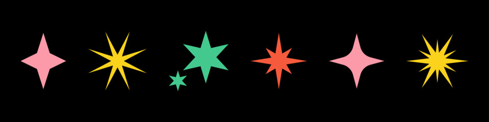 Wall Mural - vector retro set of acid futuristic sparkle icons. collection of colorful star shapes. y2k abstract 