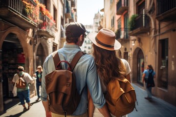 Rear view of a happy tourists on their trip in Europe