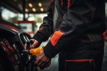 Wall Mural - a gas station worker hold the petrol dispenser.