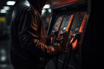 Wall Mural - a gas station worker hold the petrol dispenser.