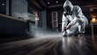 Pest control service guy sprays poisonous gas on the floor of contemporary apartment in a mask and a white protective suit
