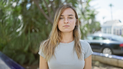 Poster - Relaxed yet cool, blonde young woman standing with a beautiful, serious expression in the sunlit city park - a portrait of attractive female lifestyle outdoors