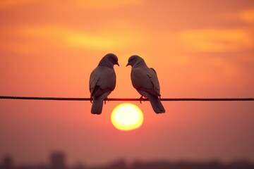 Two Birds Silhouetted on Wire Against Golden Sunset Sky