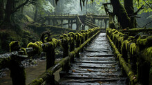 Wooden Walkway Through In Deep Rain Forest With Morning Light