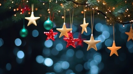 Poster - Christmas concept background Green, blue, red and gold balls decorate a starry Christmas tree. Red stars all around