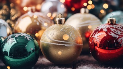 Poster - Closeup of christmas balls and decorations on the green christmas tree. Christmas, tradition and celebration concept.