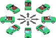 Rotation of cabriolet by 45 degrees. Green cars with drop top in isometric view.