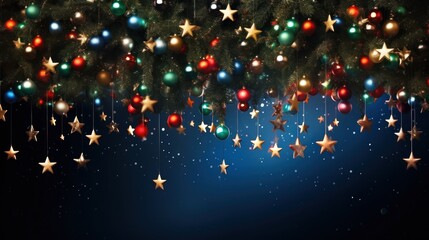 Poster - Christmas concept background Green, blue, red and gold balls decorate a starry Christmas tree. Red stars all around