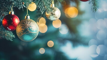 Poster - Closeup of christmas balls and decorations on the green christmas tree. Christmas, tradition and celebration concept.