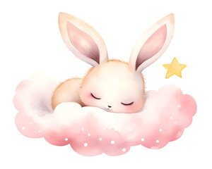 Wall Mural - Cute cartoon pink rabbit sleeping on soft clouds watercolor illustration isolated on transparent background