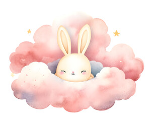 Wall Mural - Cute cartoon pink rabbit sleeping on soft clouds watercolor illustration isolated on transparent background