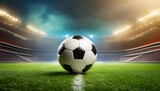 Fototapeta Sport - A soccer ball on a green grass stadium background; hyper realistic photo