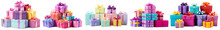 Pile Of Colorful Birthday Gift Boxes Isolated On Transparent Background. Set Of Birthday Gifts