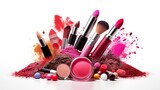 Abstract flat lay background with professional make-up products. Beauty industry accessories. Top view