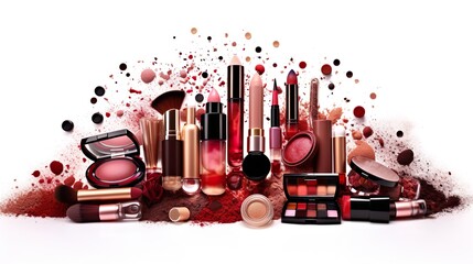 Abstract flat lay background with professional make-up products. Beauty industry accessories. Top view