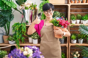 Poster - Young asian woman with short hair working at florist shop holding plant smiling happy and positive, thumb up doing excellent and approval sign