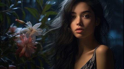 Poster -  a painting of a woman with long hair and flowers in front of her, with the image of a woman with long hair and flowers in front of her, and behind her.