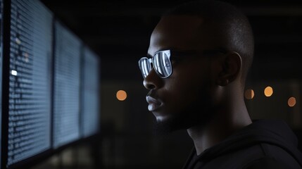 African American man programmer looking at lines of code on a screen. Generative ai