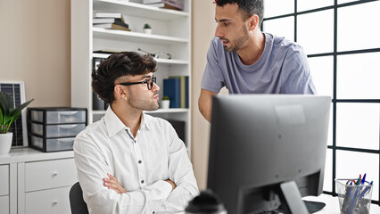 Canvas Print - Two men business workers using computer working at office