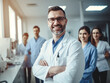 Portrait Of Smiling Middle age Dentist male Doctor At Workplace, Handsome man Standing With colleagues In Modern Clinic Interior