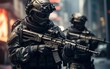 Realistic photo of special forces soldiers with high-tech weapons. generative ai