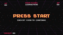 PRESS START INSERT A COIN TO CONTINUE .pixel Art .8 Bit Game.retro Game. For Game Assets In Vector Illustrations.Retro Futurism Sci-Fi Background. Glowing Neon Grid.and Stars From Vintage Arcade Comp	
