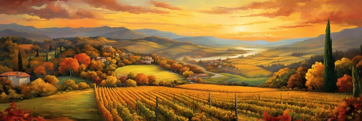 Wall Mural - Vibrant Colors and Serenity: A Captivating Sunset Over a Picturesque Vineyard