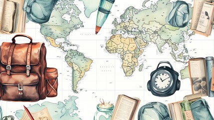 Wall Mural - watercolor travel accessories seamless pattern on white background. office tools, globe, alarm clock