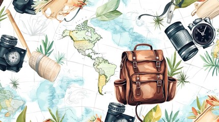 Wall Mural - watercolor travel accessories seamless pattern on white background. office tools, globe, alarm clock