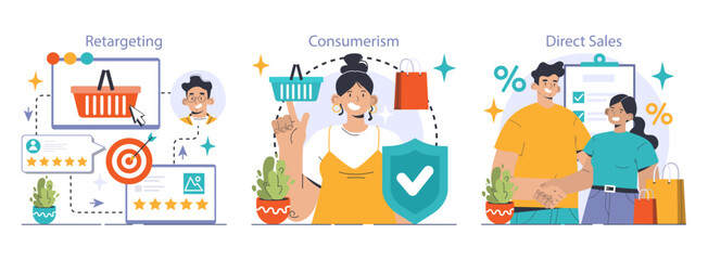 Sticker - E-commerce journey set. Engaging in retargeted shopping, embracing modern consumerism trends, successful direct sales transactions. Engaging visuals. Safe transactions. Flat vector illustration