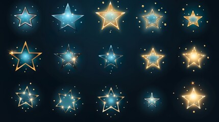 Wall Mural - Sparkling stars, flickering and flashing lights. Collection of different light effects on black background.