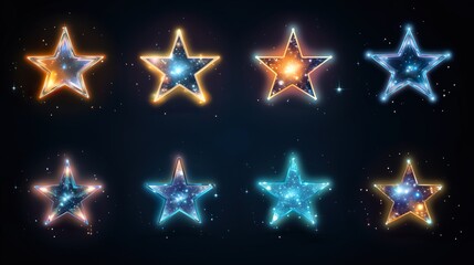 Wall Mural - Sparkling stars, flickering and flashing lights. Collection of different light effects on black background.