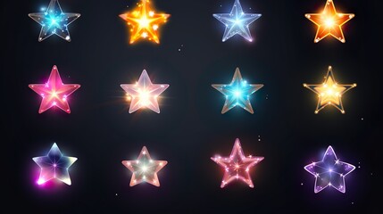 Wall Mural - Sparkling stars, flickering and flashing lights. Collection of different light effects on black background.