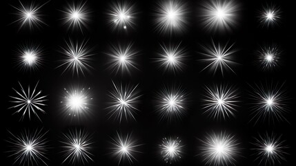 Wall Mural - Sparkling stars, flickering and flashing lights. Collection of different light effects on black background.
