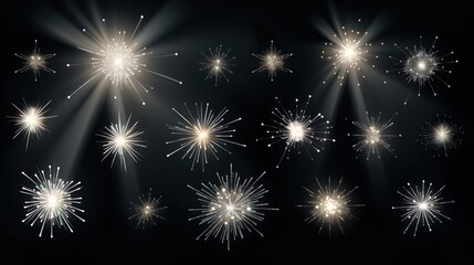Wall Mural - Sparkling stars, flickering and flashing lights. Collection of different light effects on black background.