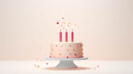 Sticker -  a cake with pink frosting and lit candles with sprinkles and confetti on a white cake stand with a pink wall in the back ground.