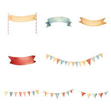 Clipart Hand Drawn Garlands, Cute Decoration For Event And Party Design Ribbon Banner Watercolor 