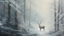  A Painting Of A Deer Standing In The Middle Of A Forest With Snow On The Ground And Trees On Both Sides Of The Path, With Fog In The Background.