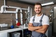 Smiling Plumber, Handsome Positive Sanitary Technician in Kitchen, Generative AI Illustration