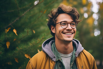 Portrait of handsome young student with forest in the background