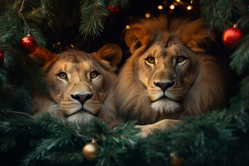 Sticker - Charming couple of wild cats lion lioness together festive atmosphere Generative AI picture