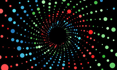 Leinwandbilder - Red, blue and green dots in spiral over black background. Abstract halftone dots background.