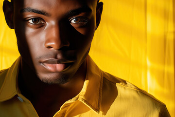 Wall Mural - Portrait of handsome black man in yellow shirt standing in front of yellow background