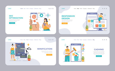 Website optimization set. SEO, responsive design, code minification, and caching. Empowering webmasters to boost site speed and performance. Flat vector illustration.